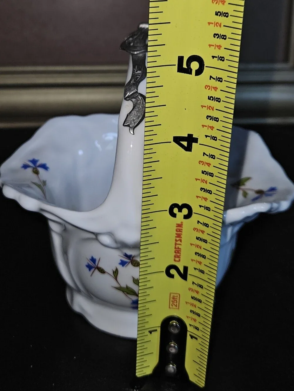 White Porcelain Handled Basket with Blue Floral Accents Chinell